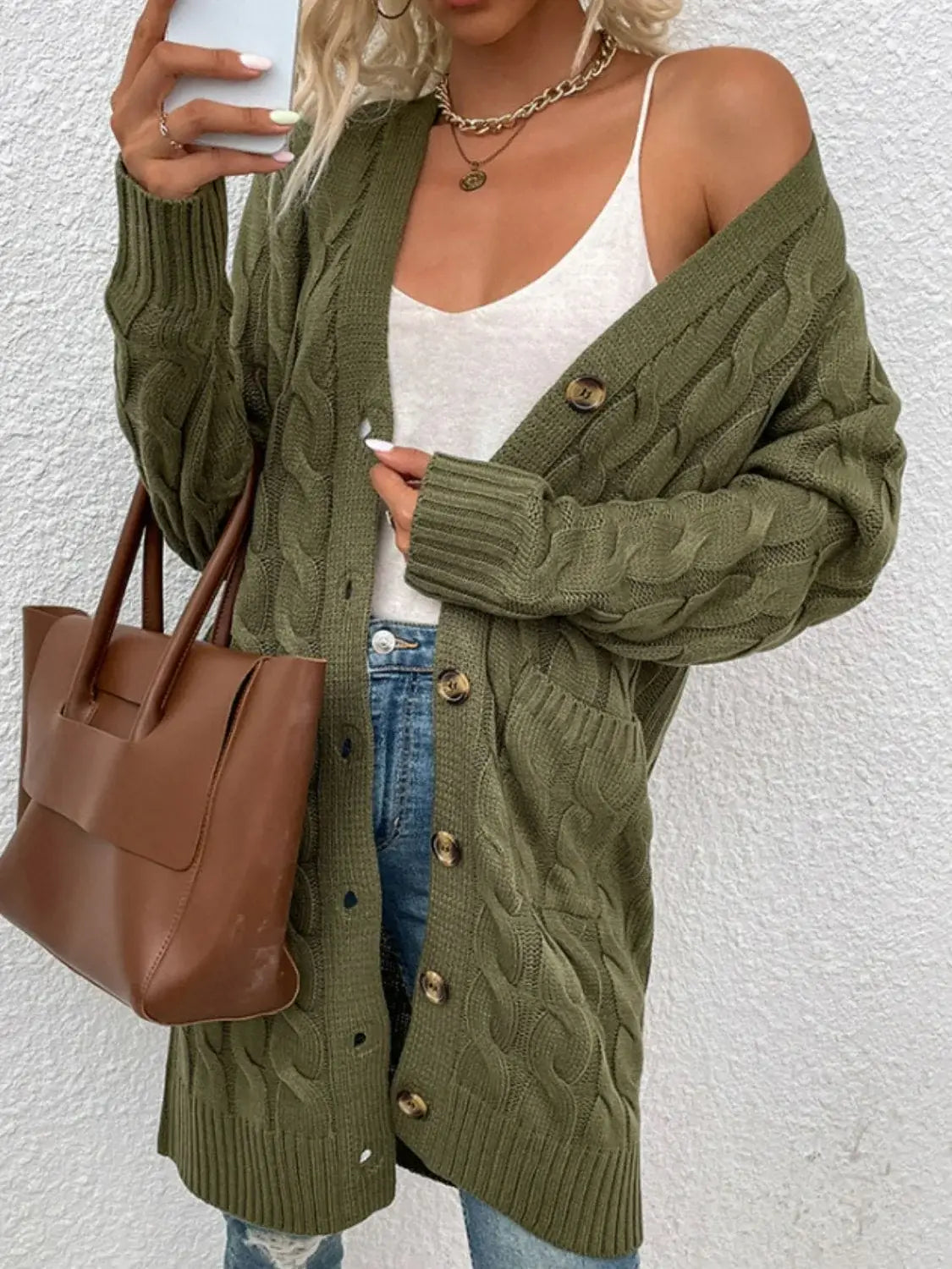 Cable-Knit Button Down Cardigan with Pockets - Trendsi - Flyclothing LLC