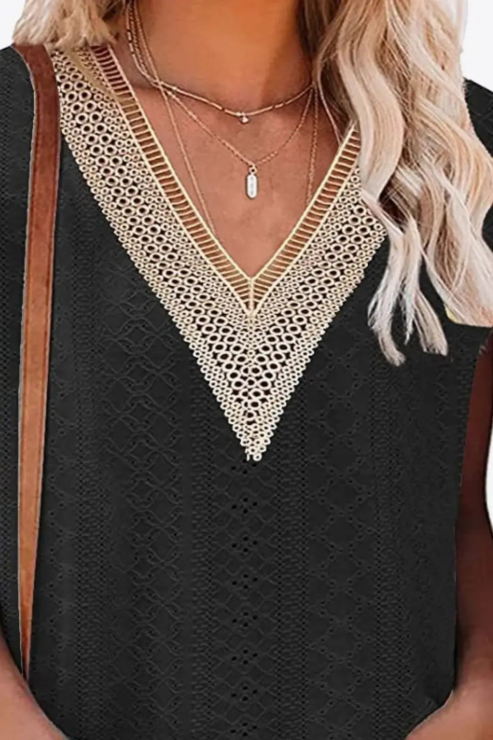 Eyelet Contrast V-Neck Tee - Trendsi - Flyclothing LLC