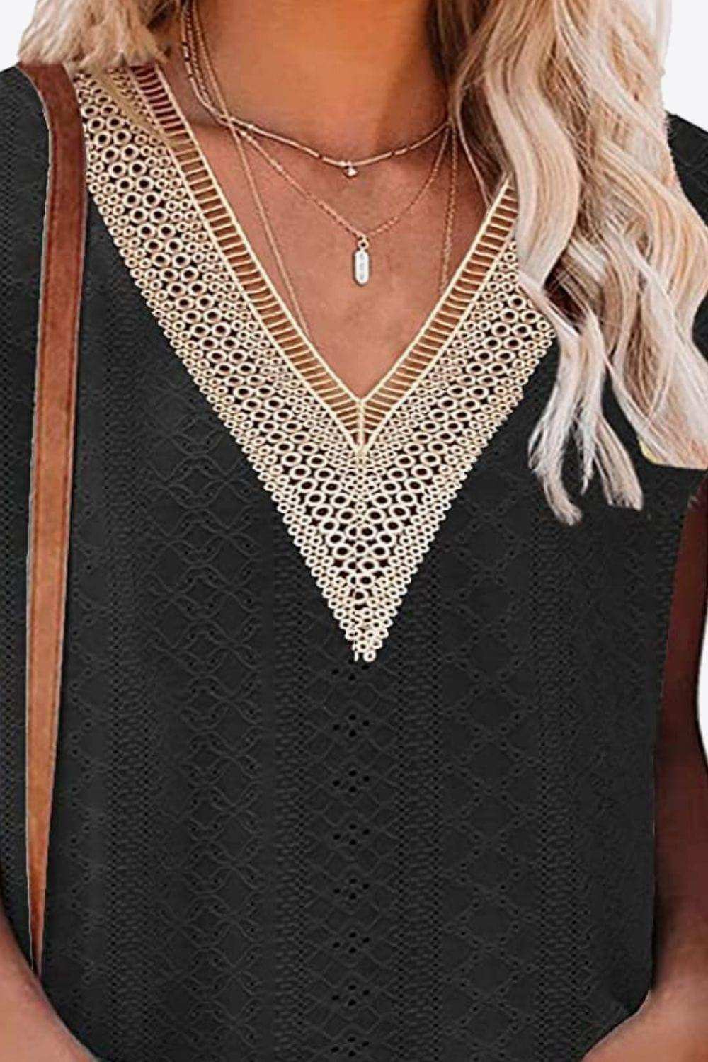 Eyelet Contrast V-Neck Tee - Trendsi - Flyclothing LLC