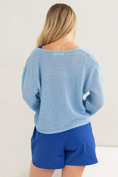 HYFVE V-Neck Stripe Texture Long Sleeve Top - Trendsi - Flyclothing LLC