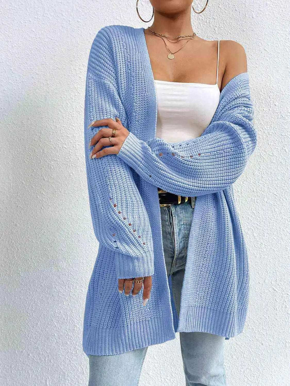 Open Front Dropped Shoulder Slit Cardigan - Trendsi - Flyclothing LLC