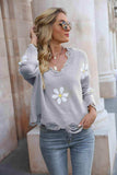 Flower Distressed Long Sleeve Sweater - Trendsi - Flyclothing LLC
