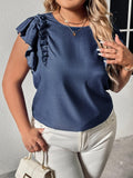 Plus Size Round Neck Flounce Sleeve Frill Trim Blouse - Trendsi