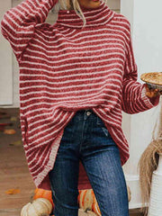 Striped Turtleneck Sweater with Pockets - Flyclothing LLC