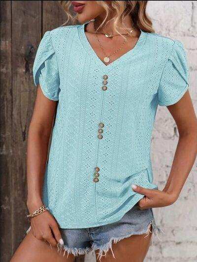 Eyelet V-Neck Petal Sleeve T-Shirt - Trendsi - Flyclothing LLC