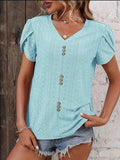 Eyelet V-Neck Petal Sleeve T-Shirt - Trendsi - Flyclothing LLC