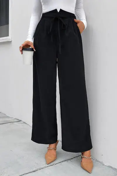 High Waist Ruched Tie Front Wide Leg Pants - Trendsi - Flyclothing LLC