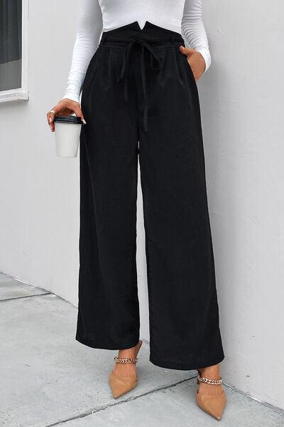 High Waist Ruched Tie Front Wide Leg Pants - Trendsi
