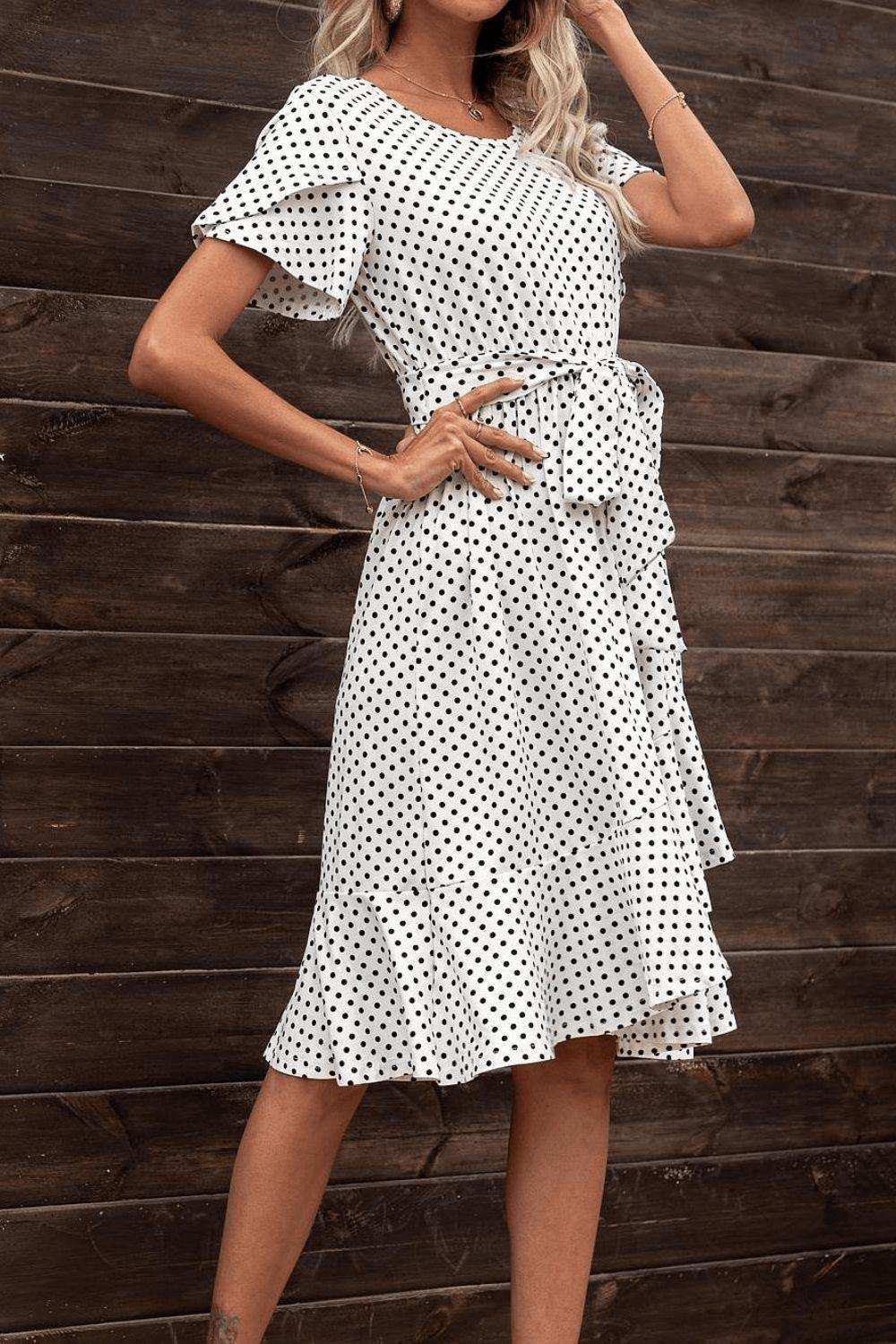 Tie Waist Petal Sleeve Ruffle Hem Dress - Trendsi - Flyclothing LLC
