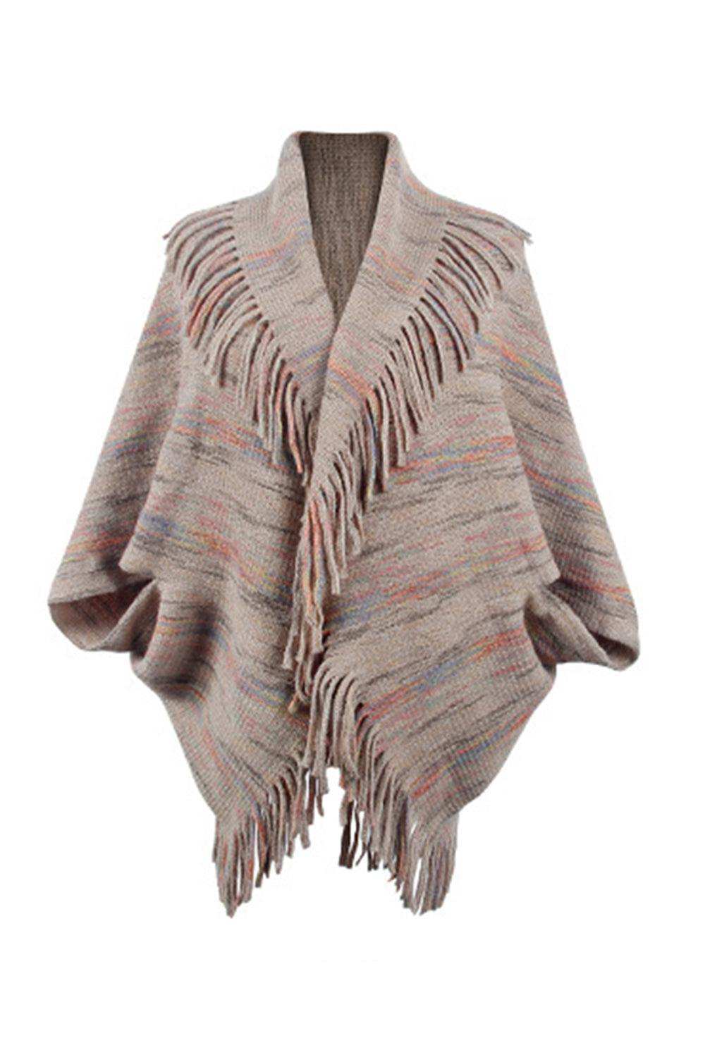 Fringe Detail Printed Poncho - Trendsi - Flyclothing LLC