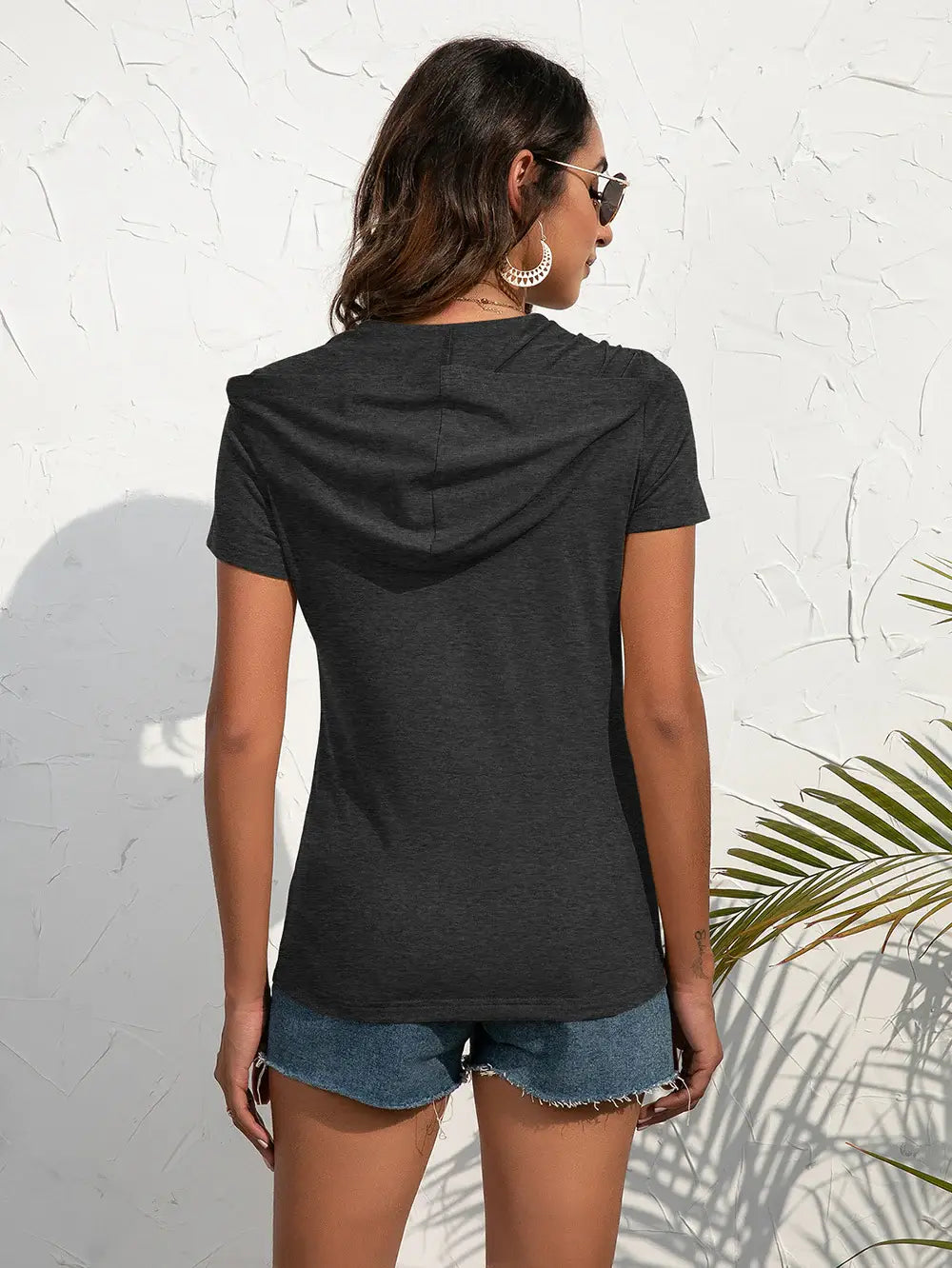 Half-Zip Short Sleeve Hooded Top - Trendsi - Flyclothing LLC