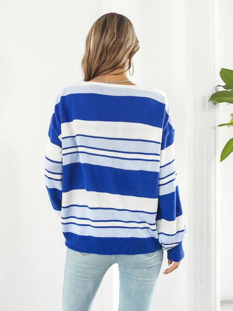 Striped V-Neck Long Sleeve Knit Top - Flyclothing LLC