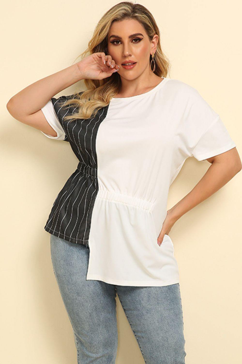 Plus Size Striped Color Block Asymmetrical T-Shirt - Trendsi