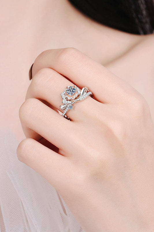 925 Sterling Silver Rose-Shaped Moissanite Ring - Trendsi