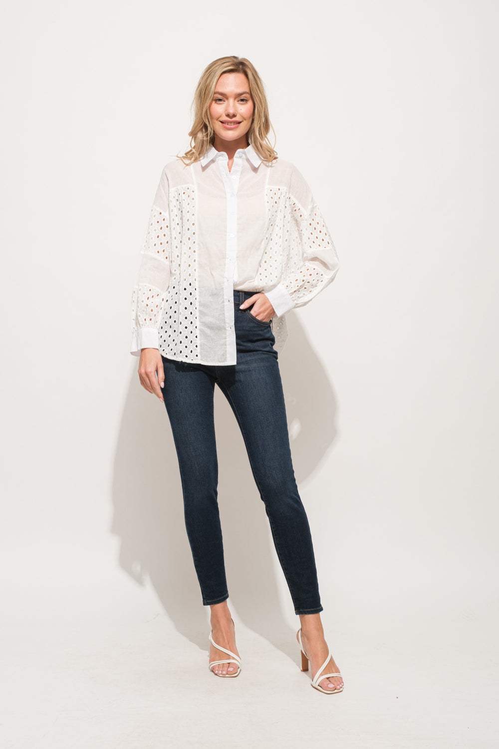 And The Why Eyelet Long Sleeve Button Down Shirt - Trendsi - Flyclothing LLC