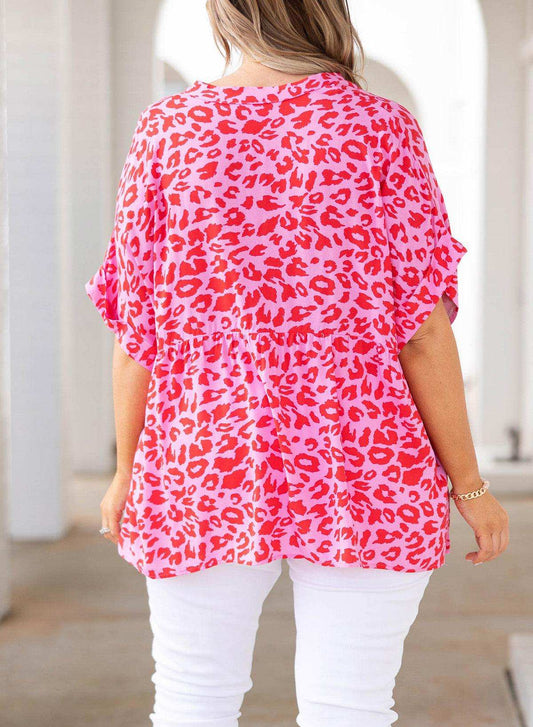 Plus Size Printed Notched Neck Half Sleeve Top - Trendsi - Flyclothing LLC