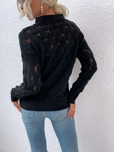 Openwork Cutout Dropped Shoulder Sweater - Trendsi