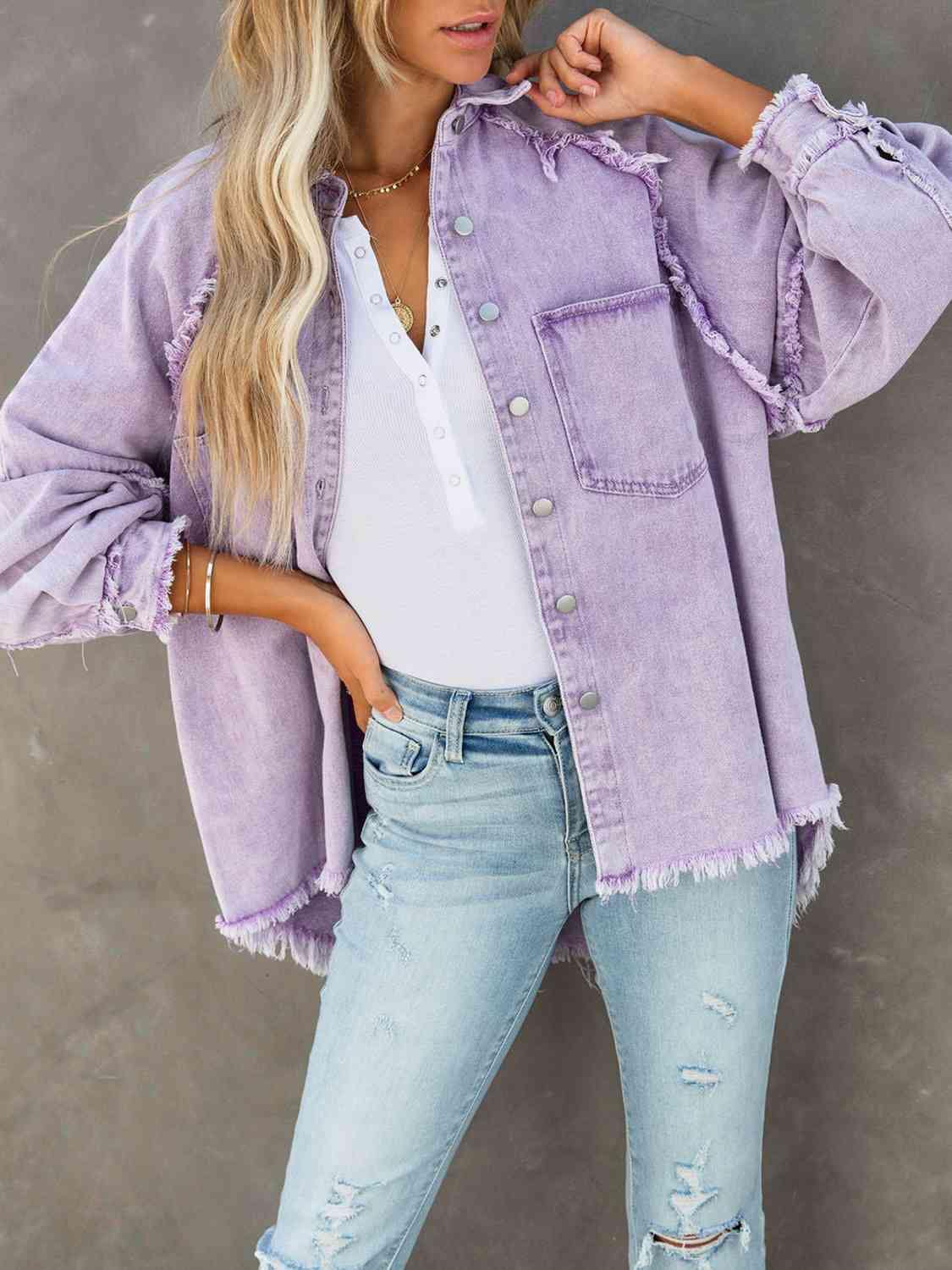 Button Down Raw Hem Denim Jacket - Trendsi