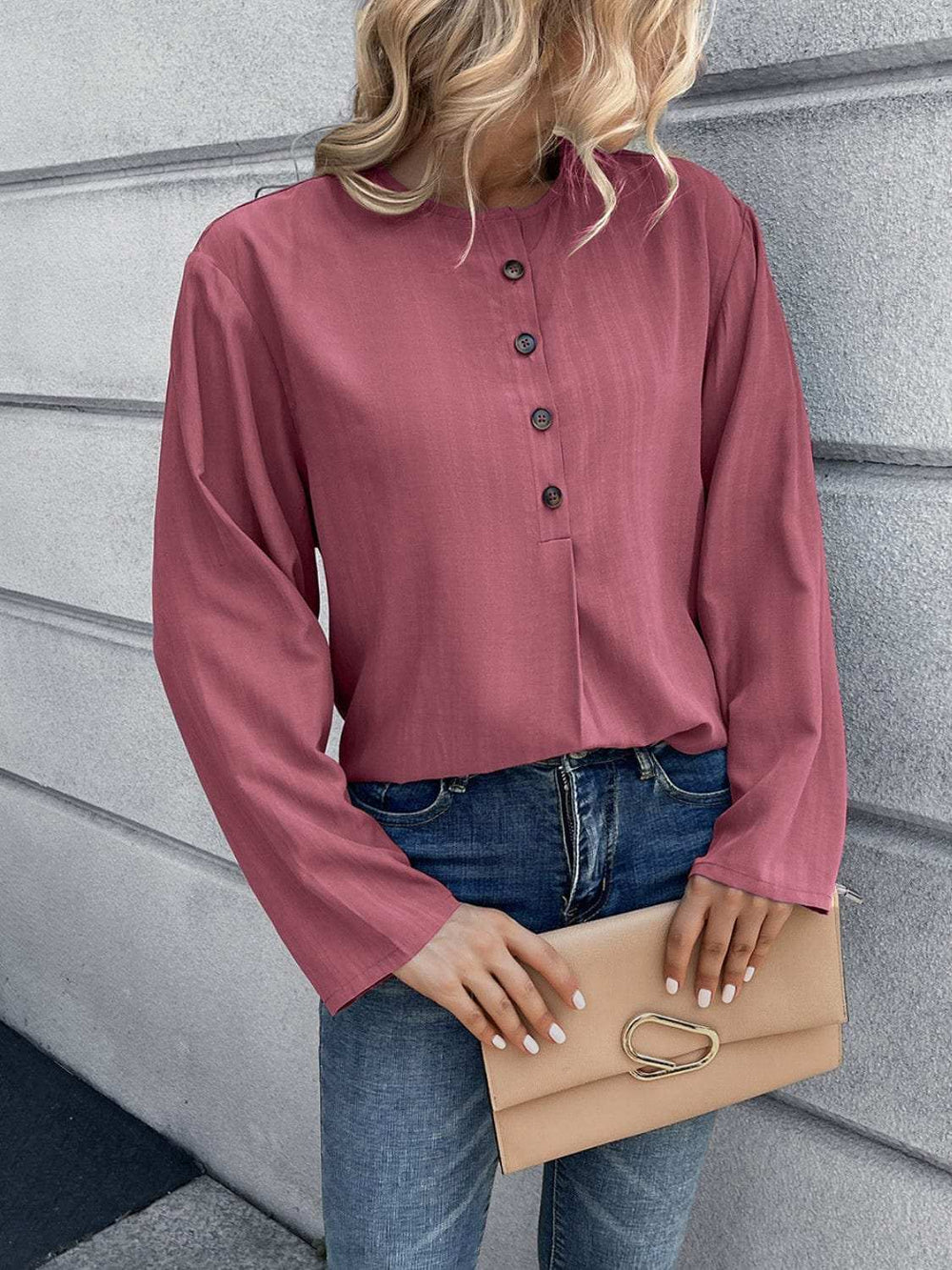 Half Button Long Sleeve Blouse - Trendsi - Flyclothing LLC