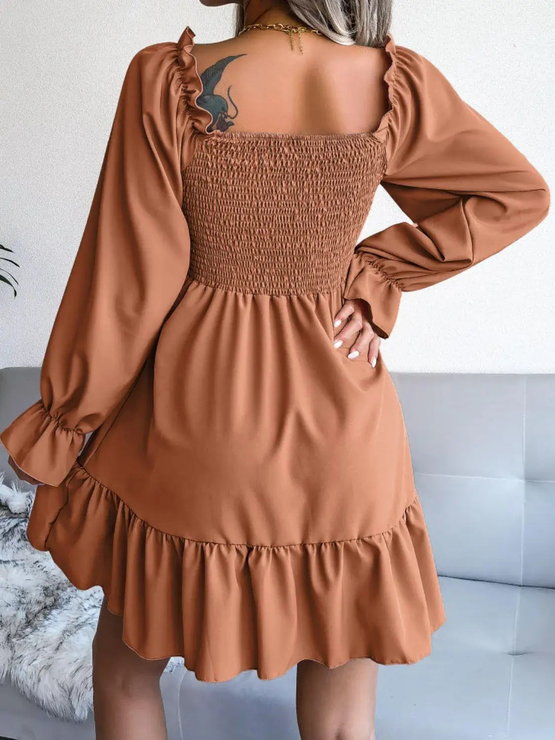 Smocked Flounce Sleeve Square Neck Dress - Trendsi - Flyclothing LLC
