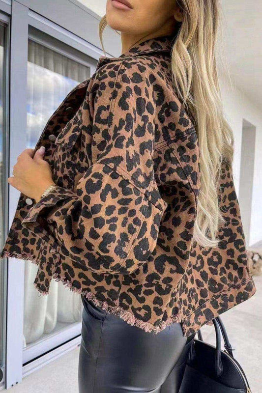Leopard Raw Hem Denim Jacket - Trendsi - Flyclothing LLC
