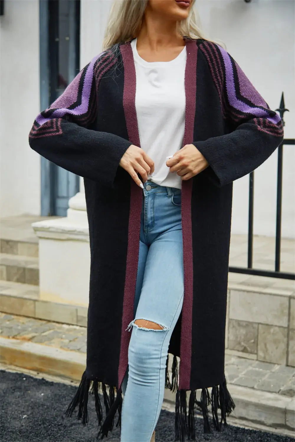 Geometric Fringe Hem Open Front Duster Cardigan - Trendsi - Flyclothing LLC