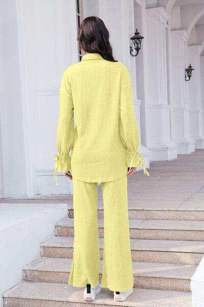 Drawstring Flounce Sleeve Shirt and Pants Set - Trendsi - Flyclothing LLC