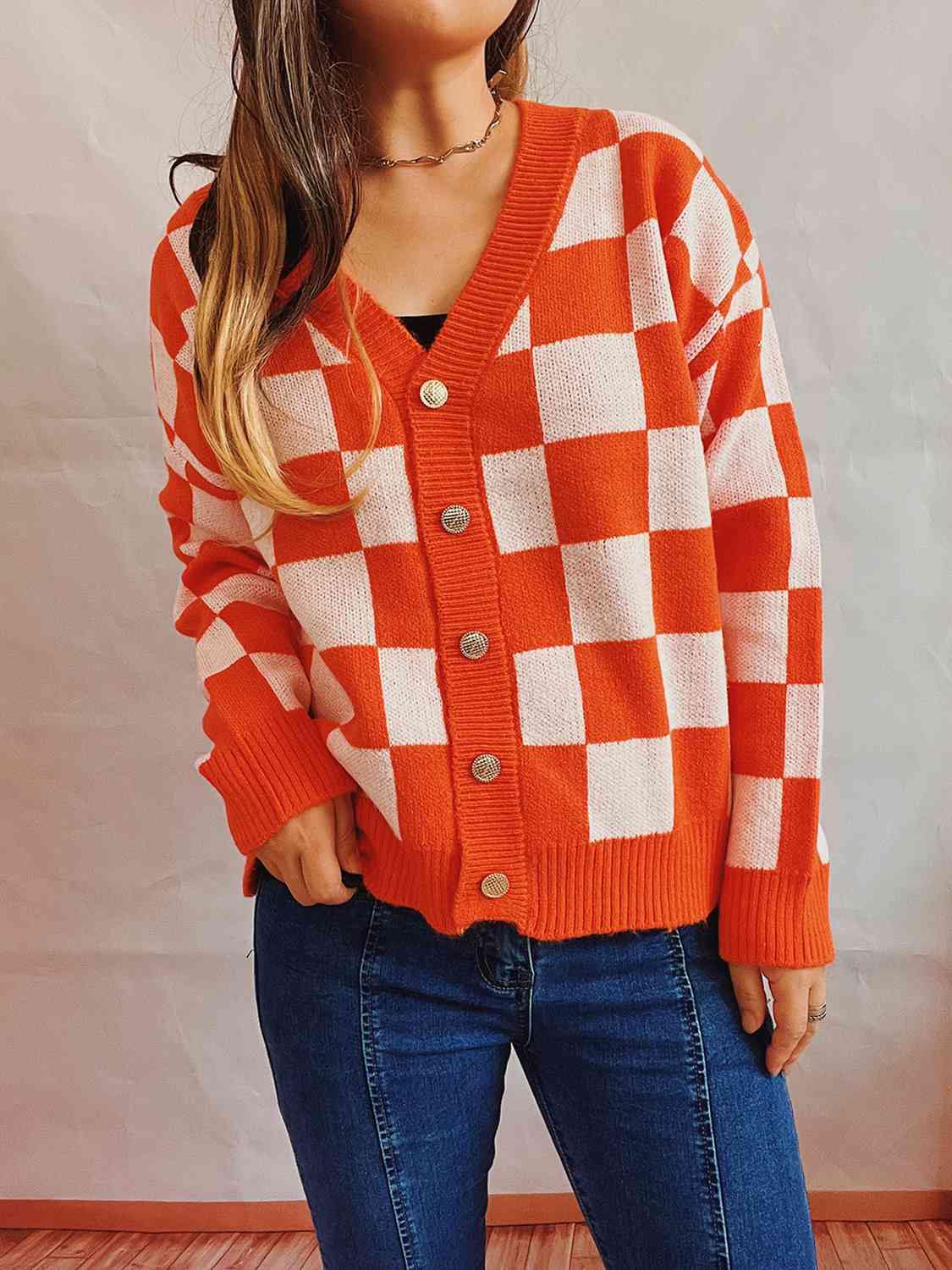 Checkered Open Front Button Up Cardigan - Trendsi