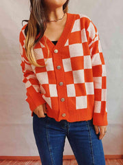 Checkered Open Front Button Up Cardigan - Trendsi