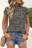 Ditsy Floral Mock Neck Short Sleeve T-Shirt - Trendsi - Flyclothing LLC