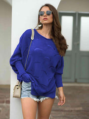 Full Size Boat Neck Lantern Sleeve Openwork Knit Top - Trendsi