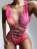 Lace-Up Backless Plunge One-Piece Swimwear - Trendsi