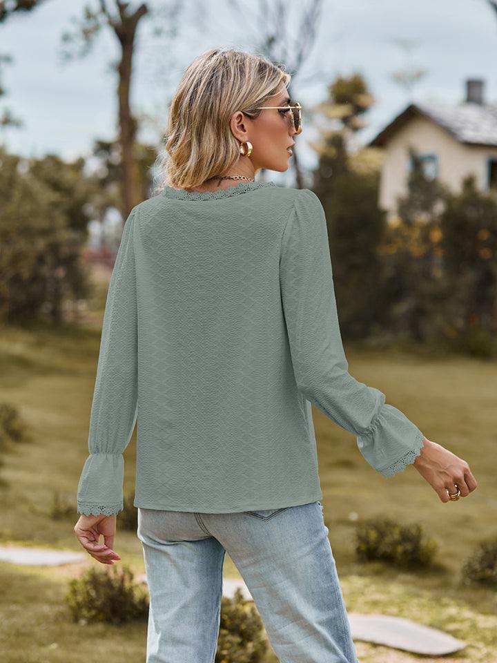 V-Neck Flounce Sleeve Blouse - Trendsi - Flyclothing LLC