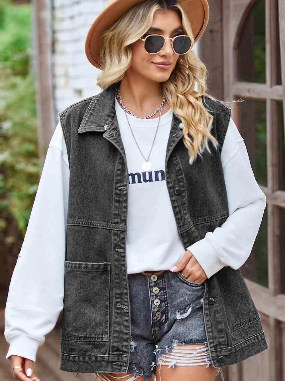 Button Front Sleeveless Denim Jacket - Trendsi - Flyclothing LLC