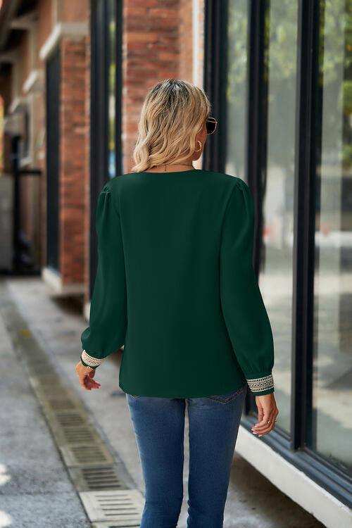 V-Neck Lace Detail Long Sleeve Top - Trendsi - Flyclothing LLC