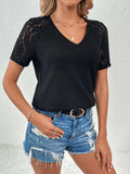 Lace Detail V-Neck Short Sleeve T-Shirt - Trendsi - Flyclothing LLC