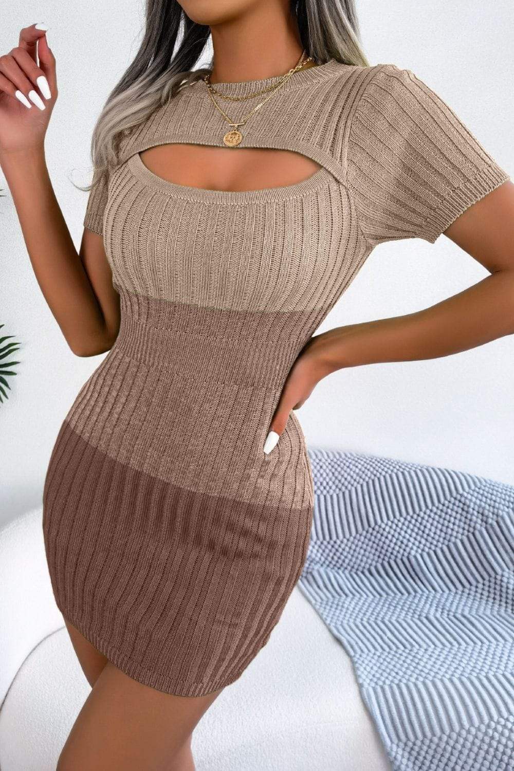 Color Block Cutout Short Sleeve Sweater Dress - Trendsi - Flyclothing LLC