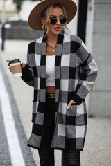 Plaid Dropped Shoulder Cardigan with Pocket - Trendsi - Flyclothing LLC
