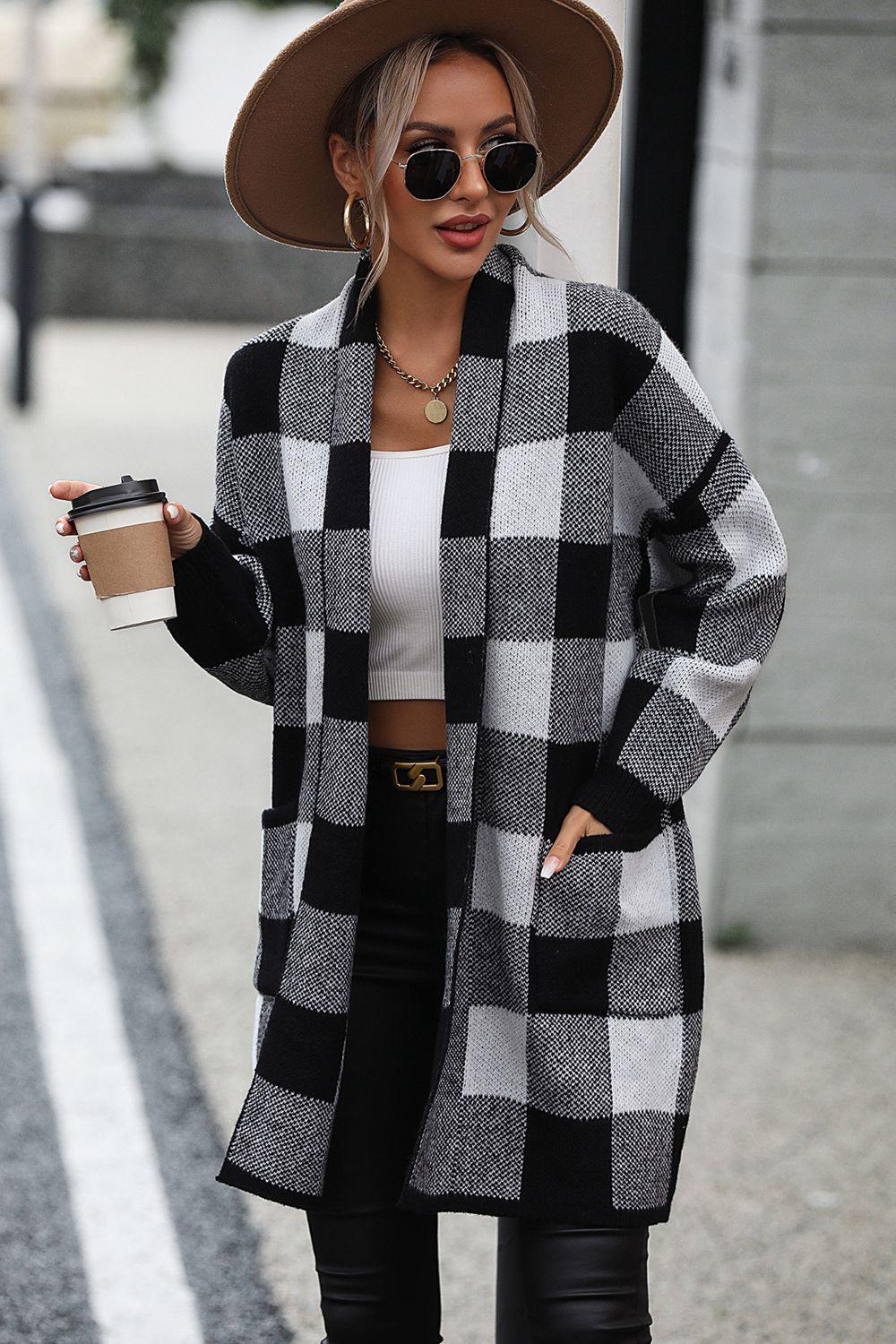 Plaid Dropped Shoulder Cardigan with Pocket - Trendsi