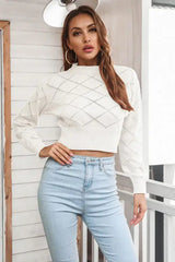 Openwork Plaid Round Neck Cropped Sweater - Trendsi - Flyclothing LLC