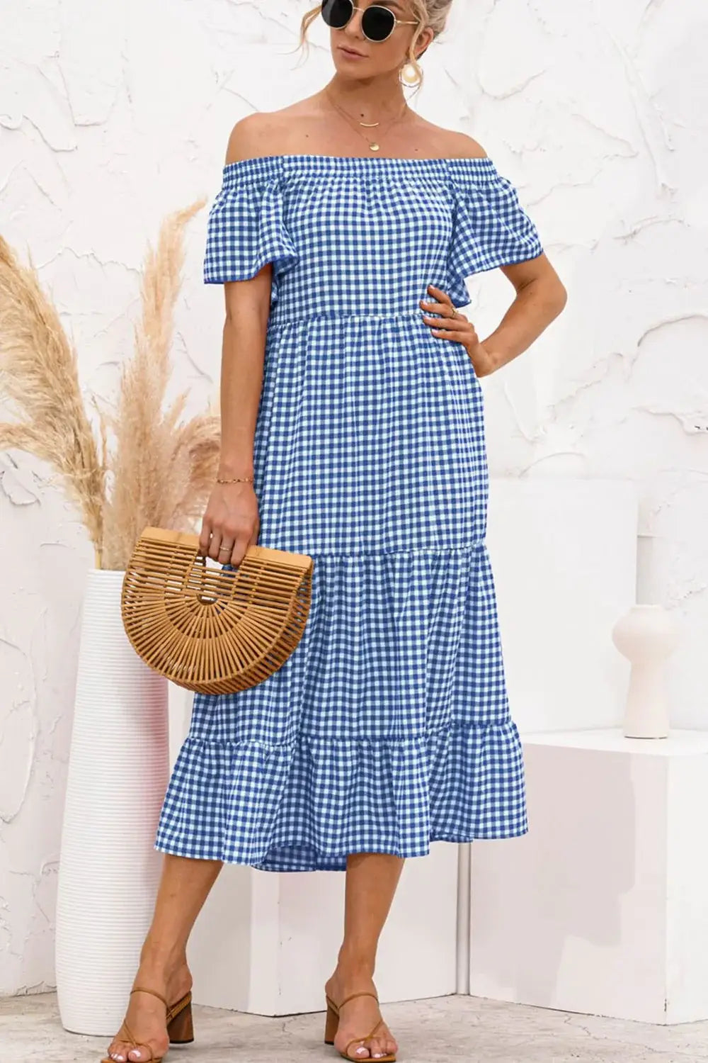 Plaid Off-Shoulder Tiered Midi Dress - Trendsi - Flyclothing LLC