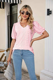 Eyelet Puff Sleeve V-Neck Top - Trendsi - Flyclothing LLC