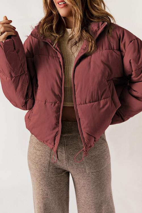 Zip Up Collared Neck Long Sleeve Winter Coat - Trendsi - Flyclothing LLC