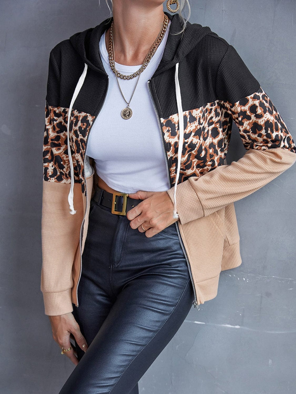 Drawstring Leopard Zip Up Hooded Jacket - Trendsi