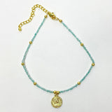 Baby blue Glass Bead Choker with Brass Coin Pendant - Asha Handicrafts