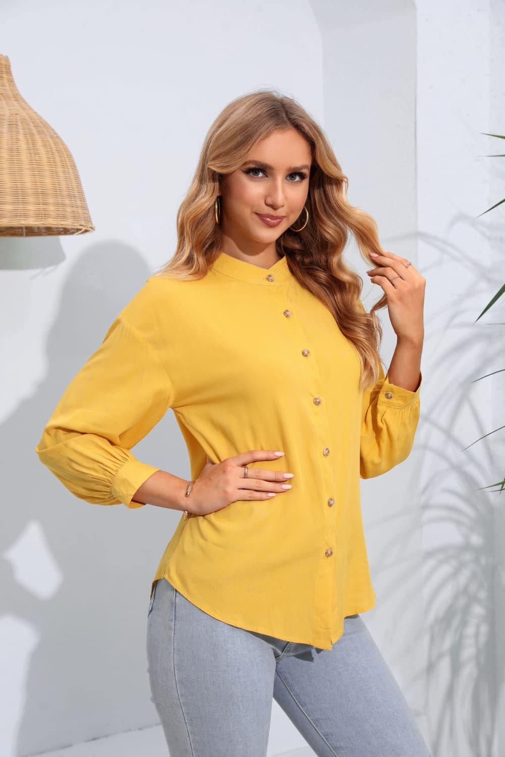 Mock Neck Buttoned Long Sleeve Shirt - Trendsi