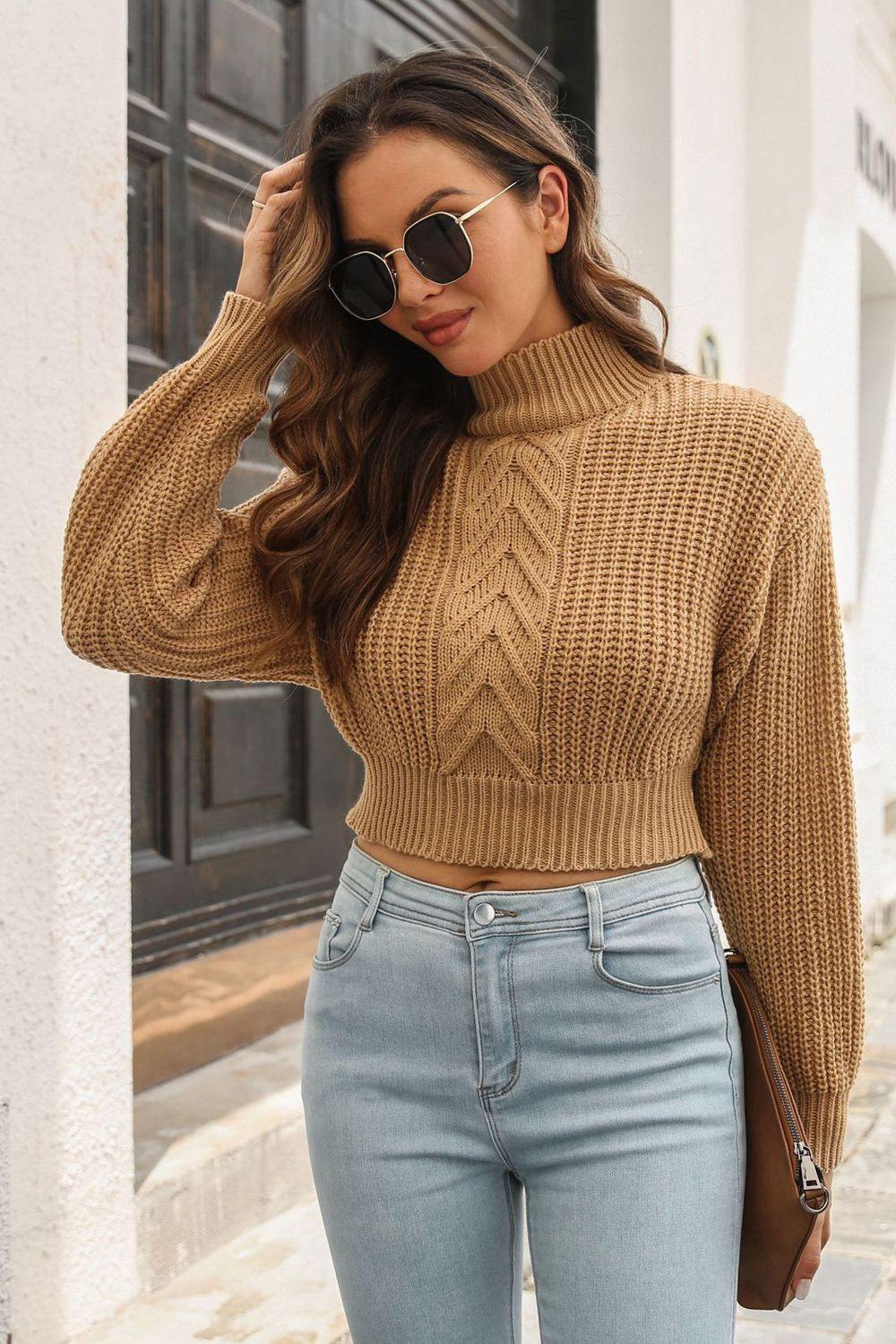 Cropped Mock Neck Cable Knit Pullover Sweater - Trendsi