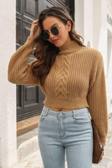 Cropped Mock Neck Cable Knit Pullover Sweater - Trendsi