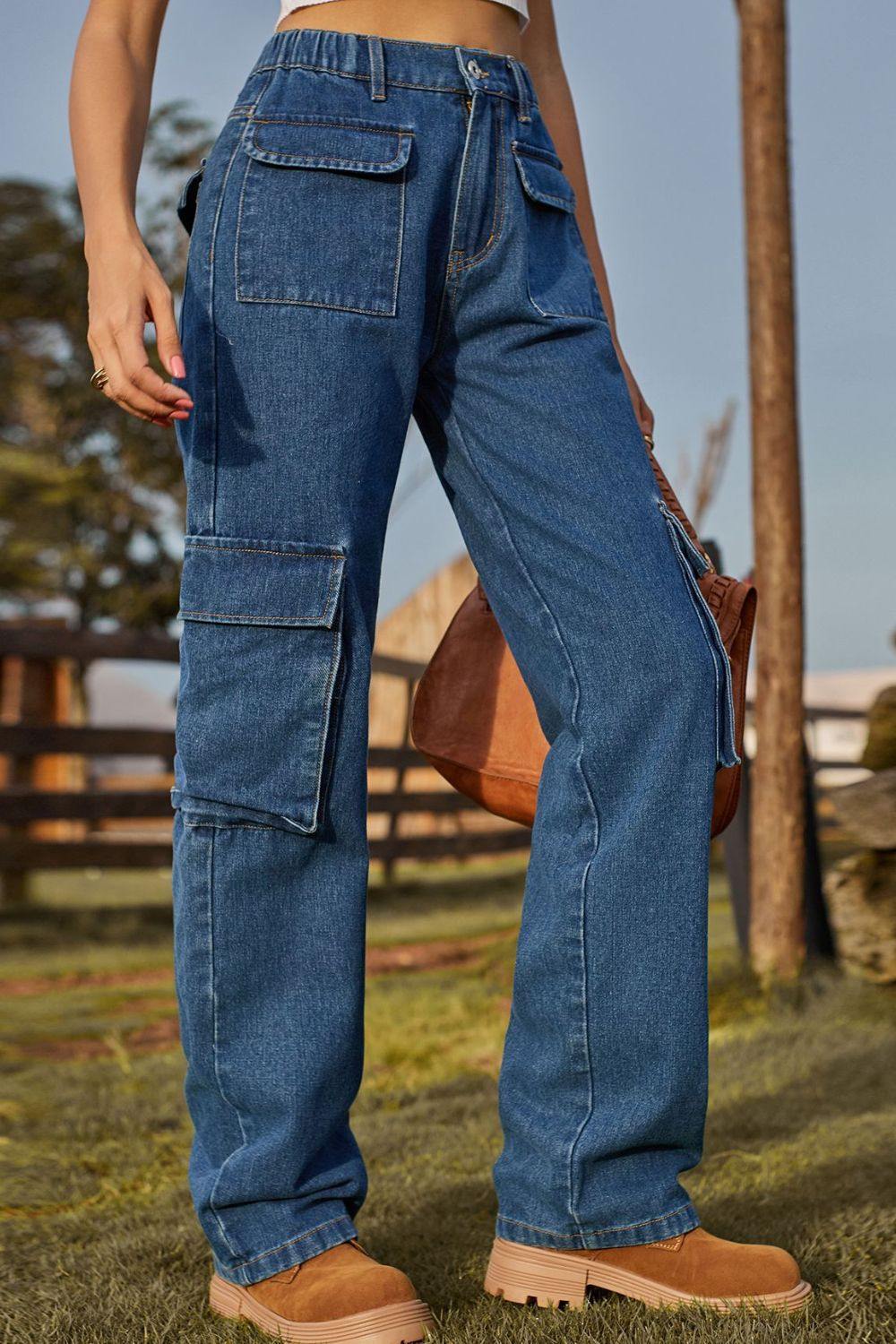 Loose Fit Long Jeans with Pockets - Trendsi
