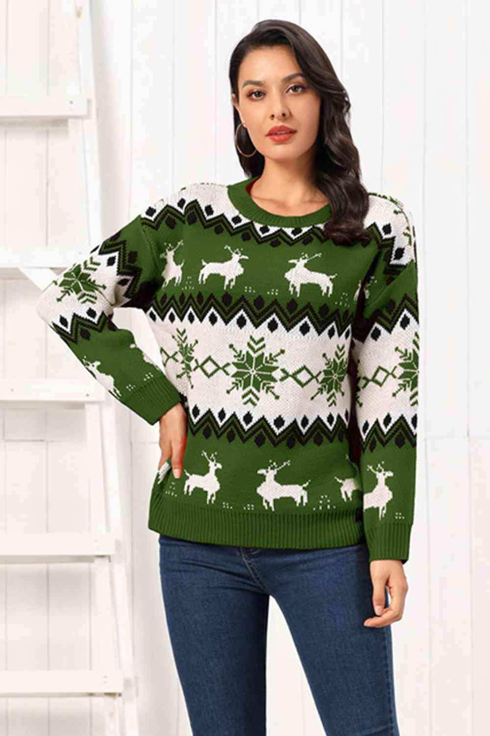 Reindeer Round Neck Sweater - Trendsi - Flyclothing LLC